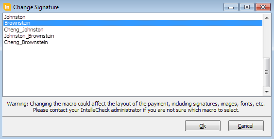 Dialog listing the available signatures and signature combinations.